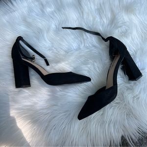 JustFab Black Faux Suede Pointed Toe Ankle Strap Heels